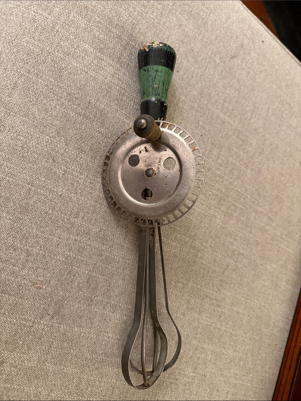 Vintage Green Wooden-Handled Egg Beater/ Mixer from 1920s-1940s